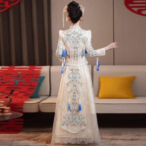 High-end Champagne Chinese traditional wedding gown qunkwa dress - Image 3