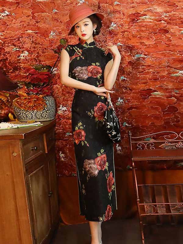 black cheongsam dress