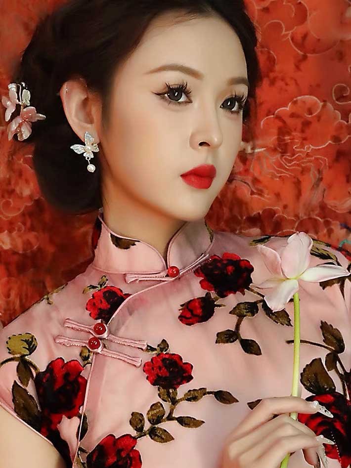 Floral pattern Long Pink qipao dress, with raglan sleeves - eastqipao.com