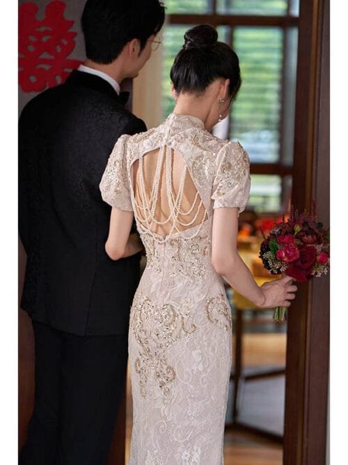 Champagne Red Mermaid wedding qipao dress lace embroidery - Image 6