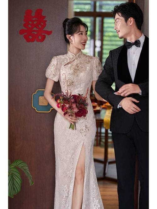 Champagne Red Mermaid wedding qipao dress lace embroidery - Image 4