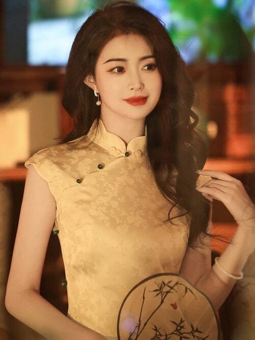 Jacquard beige Chinese qipao sleeveless cheongsam - Image 4