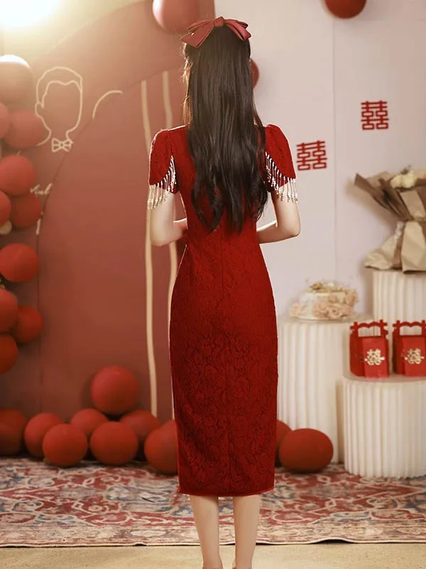 Chinese traditional bride dress qipao red white - eastqipao.com