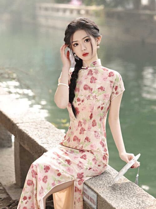 Chinese long qipao dress pink high split - Image 2