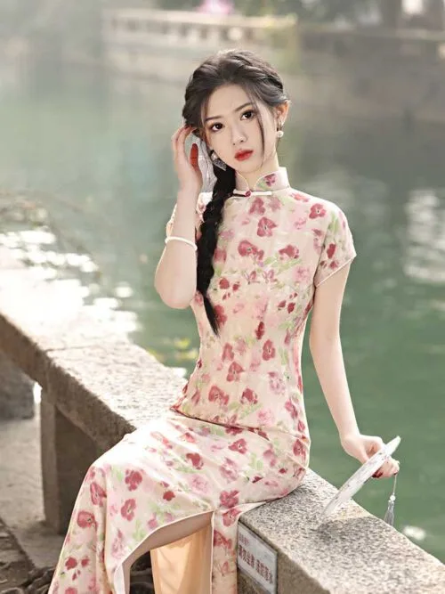 Chinese long qipao dress pink high split - Image 2