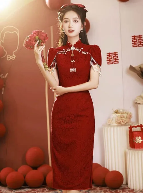 Chinese traditional bride dress qipao red white - eastqipao.com