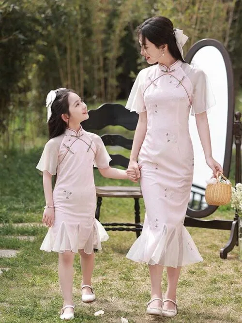 Mom daughter girls qipao dress Chinese style pink - Image 2