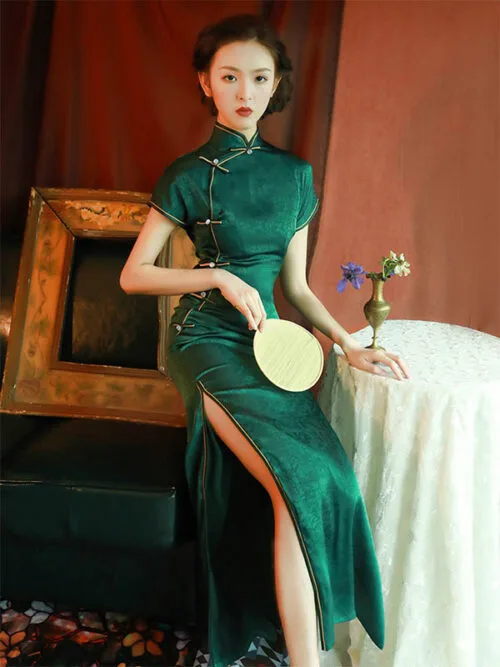 Jacquard green cheongsam dress high slit - Image 3