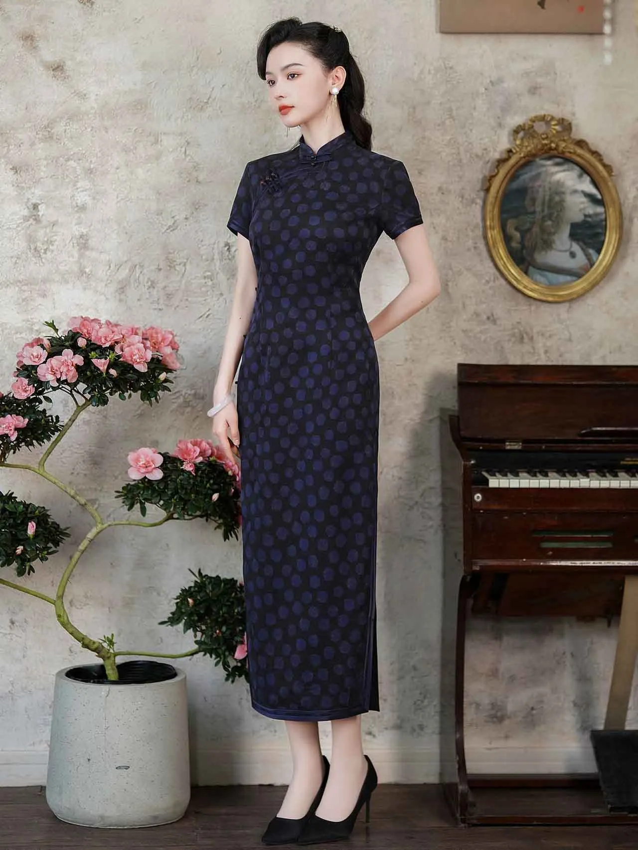 fitted lace wedding dress Lavender Butterfly Print Midi Qipao Dress, L main image 0