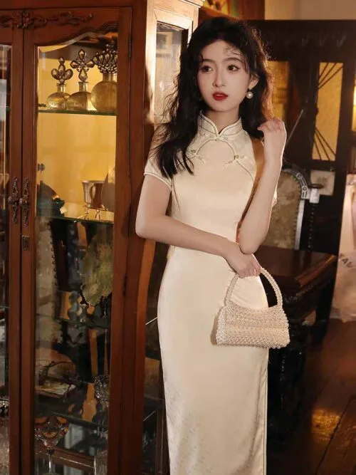 Chinese qipao dress white cheongsam silk - Image 2