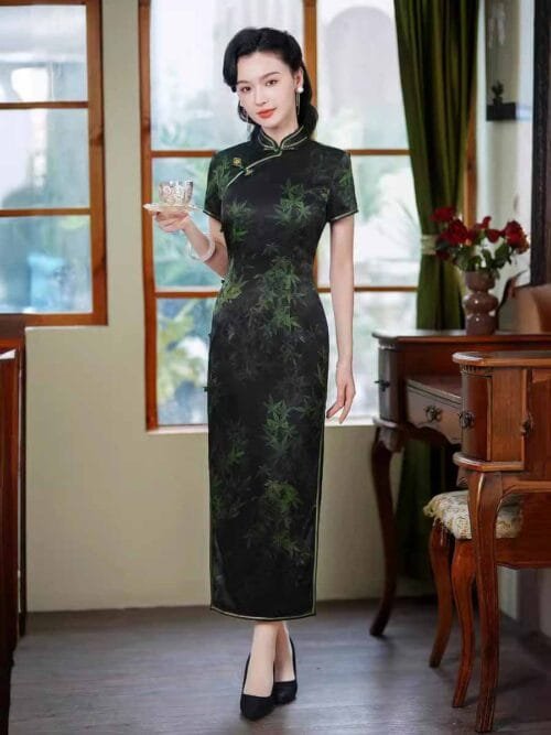 19 mome long silk dark green qipao dress - Image 4