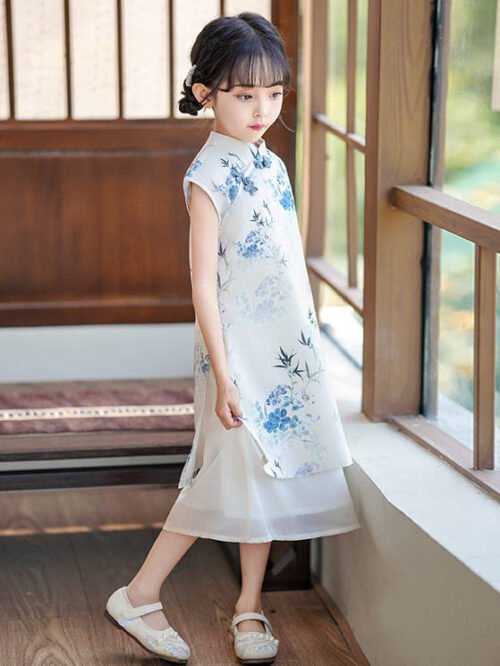 White qipao Cheongsam dress girls sleeveless - Image 4