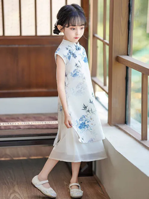 White qipao Cheongsam dress girls sleeveless - Image 4