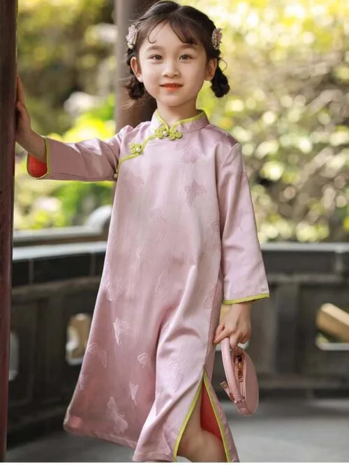 Pink Cheongsam girl Chinese dress long sleeves - Image 5