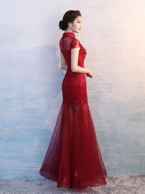 Fishtail red Chinese collar wedding gown qipao dress - Image 4