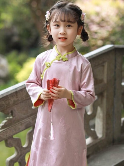 Pink Cheongsam girl Chinese dress long sleeves - Image 3