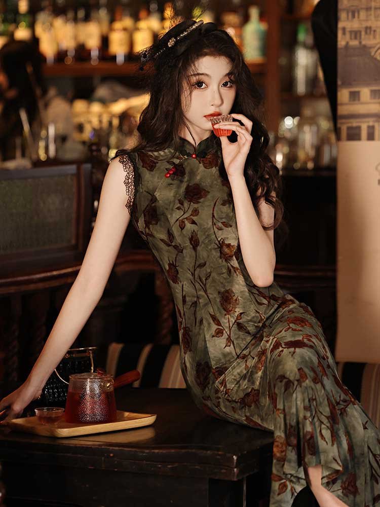 green cheongsam dress