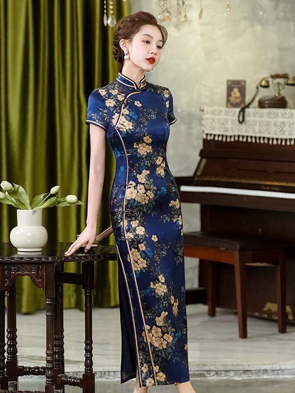 long cheongsam dress blue