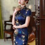 long silk qipao dress blue