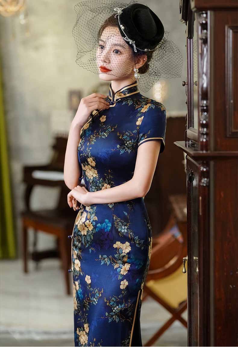 long silk qipao dress blue