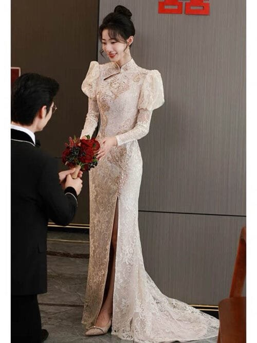 Champagne Red Mermaid wedding qipao dress lace embroidery - Image 7