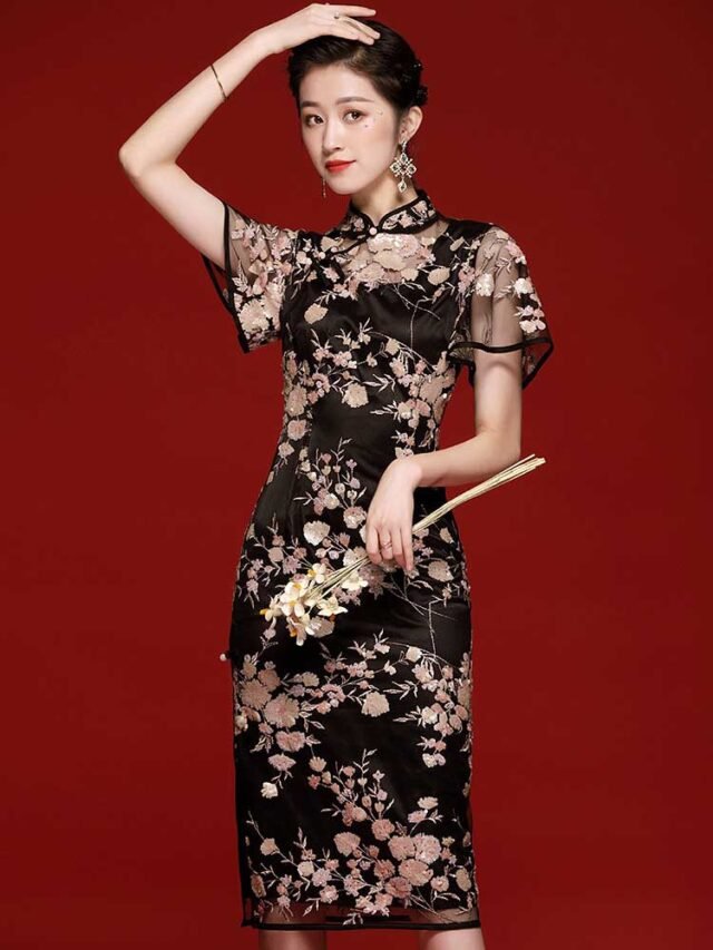 Black embroidered qipao modern Chinese cheongsam - eastqipao.com