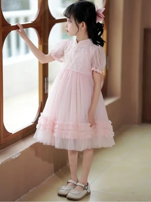 White pink lace girls cheongsam dress - Image 3