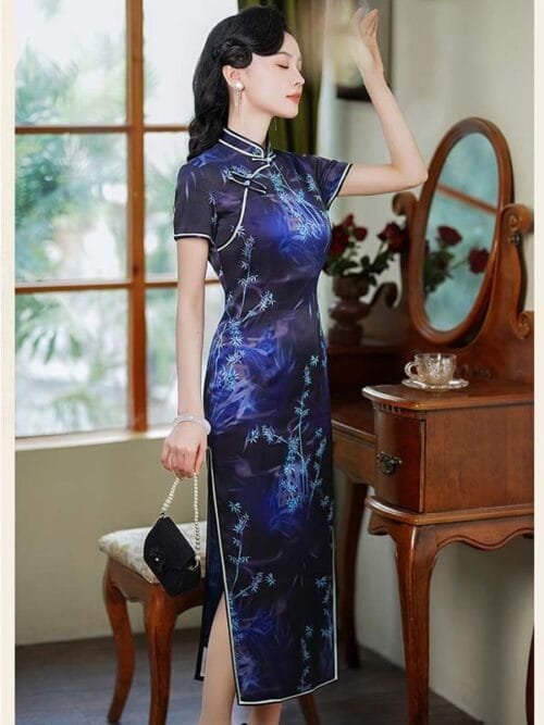 19 mome mulberry silk dark blue qipao dress long - Image 4