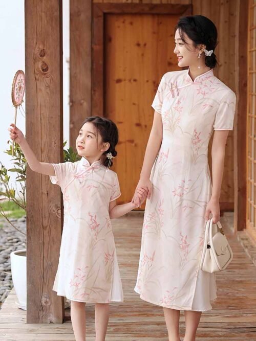 Mom daughter pink kids qipao girl Chinese-style dress - Image 2