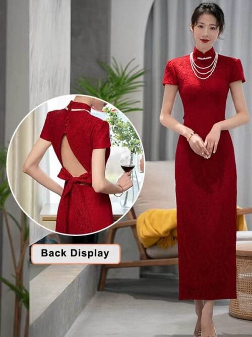 Lace Red white cheongsam dress wedding - Image 6