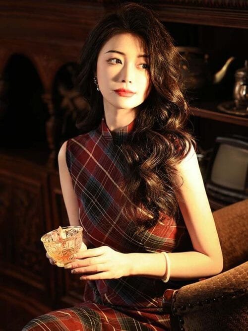 Red traditional Chinese dress qipao grid pattern - Image 5