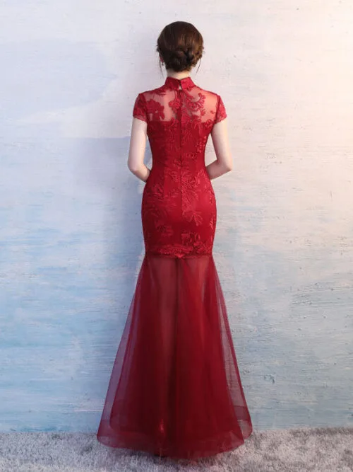 Fishtail red Chinese collar wedding gown qipao dress - Image 5