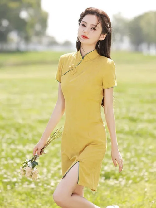 Short midi yellow qipao dress - Image 5