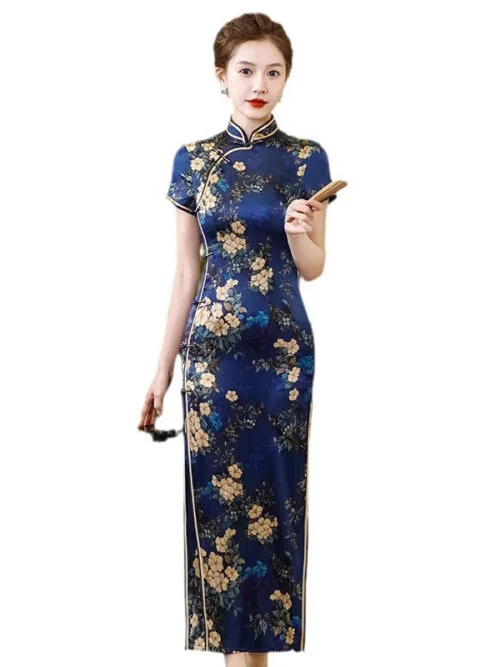 Long Cheongsam Qipao Dress Blue - East Qipao