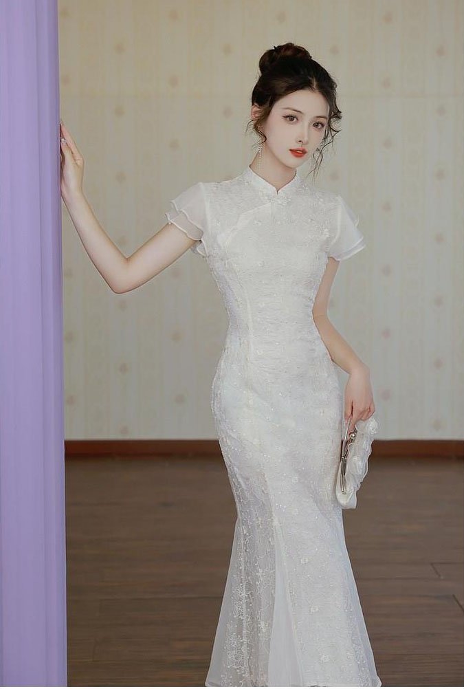 white lace qipao dress