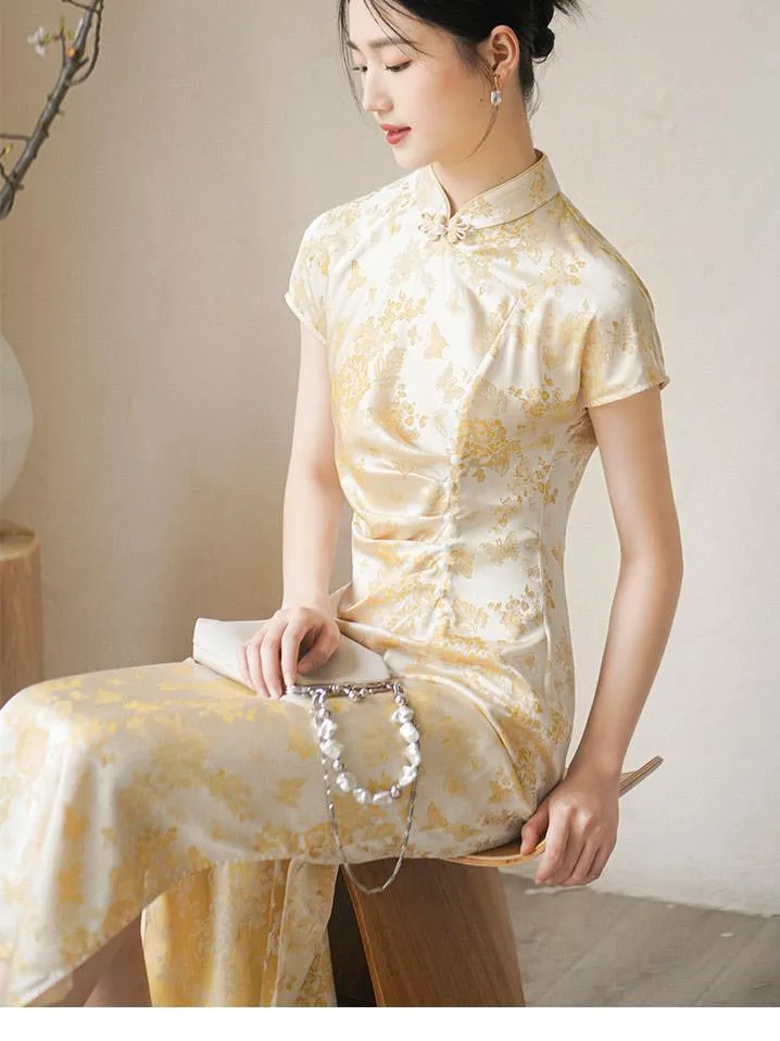 green emerald velvet dress Yellow Qipao, silk jacquard Cheongsam, long Qipao, Graduations Cheongsam –  Beth&Brian Qipao