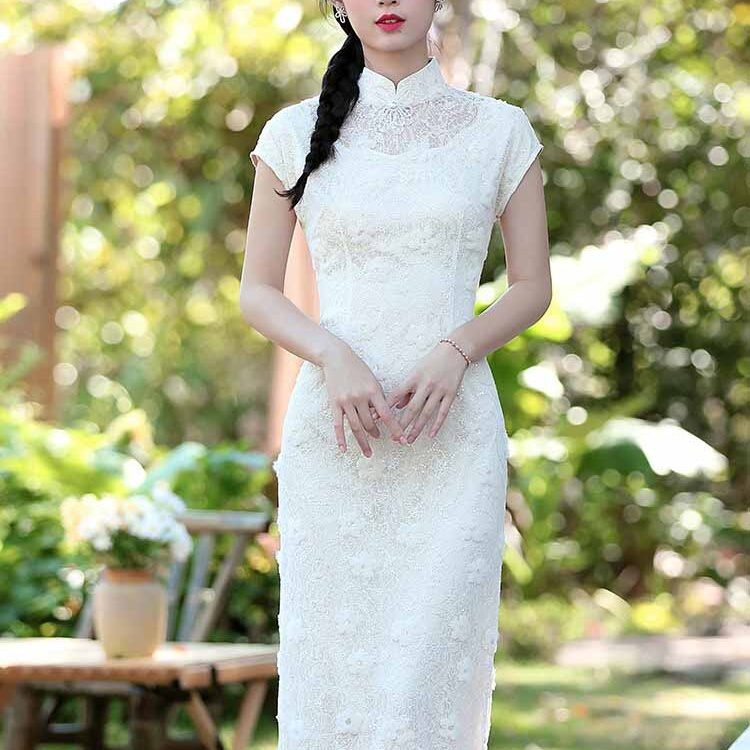 Apricot white embroidered lace qipao modern dress - eastqipao.com Apricot white embroidered lace qipao modern dress - eastqipao.com