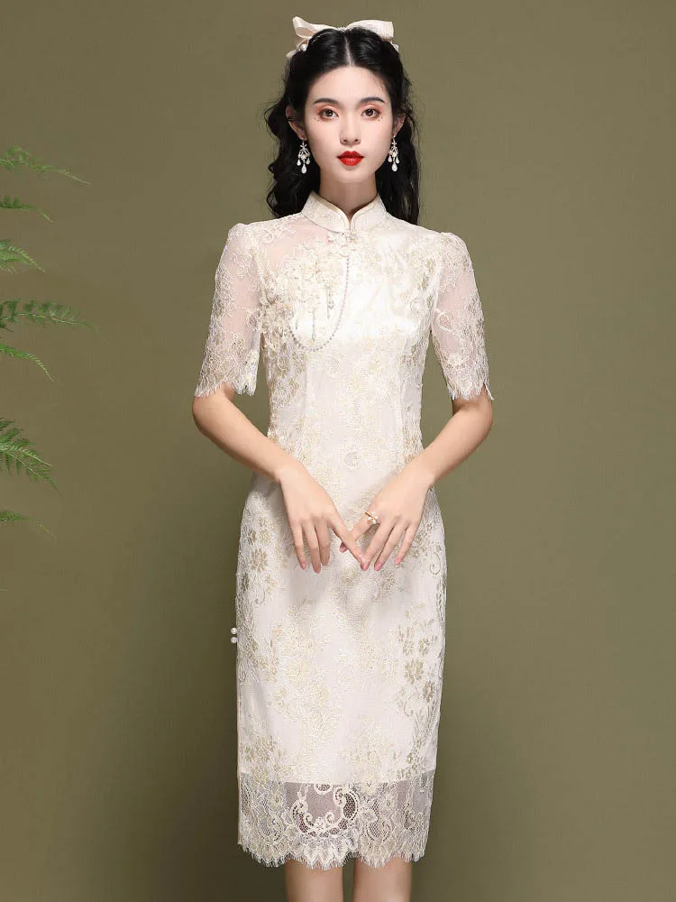 Embroidered lace Chinese Cheongsam dress champagne color - eastqipao.com Embroidered lace Chinese Cheongsam dress champagne color - eastqipao.com