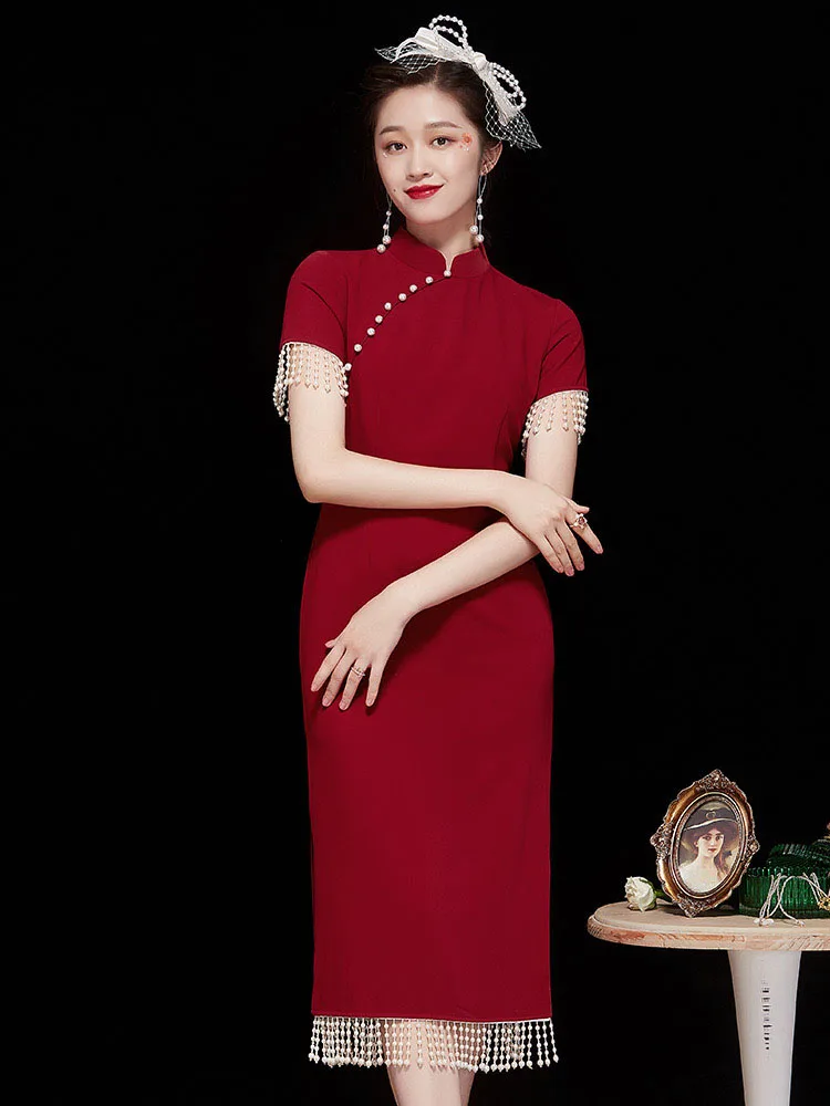 asian inspired formal dresses Chinese red Cheongsam dress with pearl tassels Golden Yellow