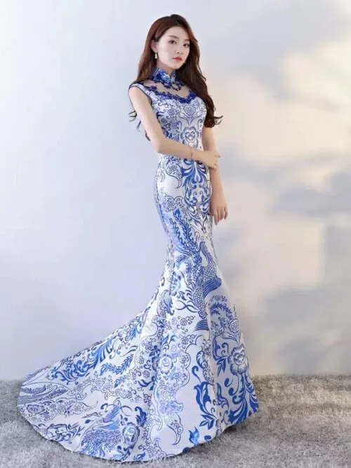 Fishtail Blue and white Cheongsam Porcelain China print dress - eastqipao.com Fishtail Blue and white Cheongsam Porcelain China print dress - eastqipao.com