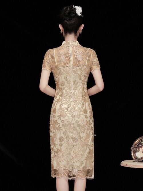 Embroidered lace modern Cheongsam dress champagne - Image 6
