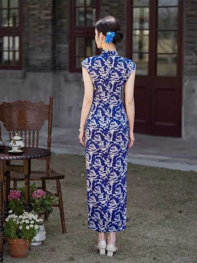 Blue and white Qipao long floral China dress eastqipao com