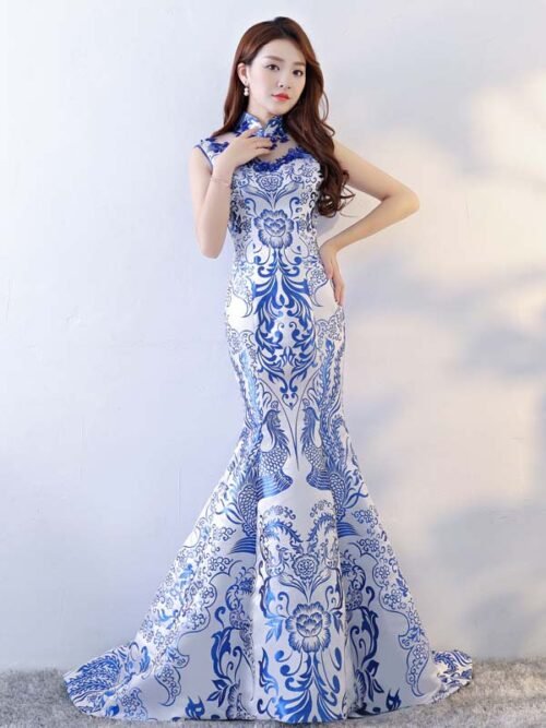Fishtail Blue and white Cheongsam Porcelain China print dress - Image 2