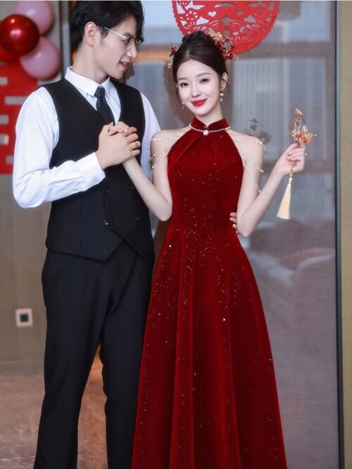 red cheongsam wedding dress
