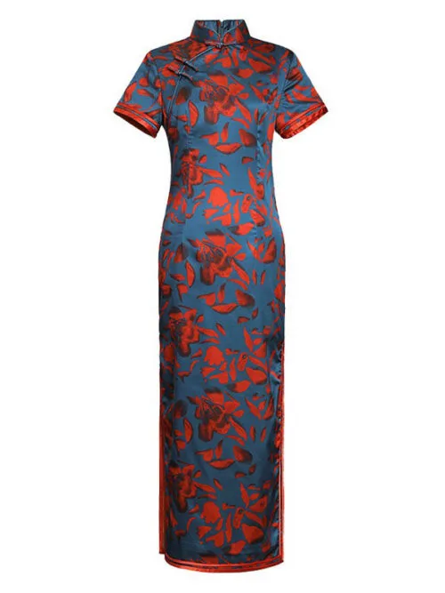 Real silk Cheongsam dress blue with red floral - Image 6