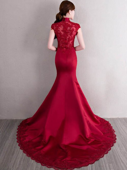 Satin Fishtail Chinese evening dress, burgundy Cheongsam - Image 3