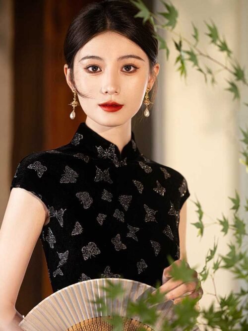 Velvet Oriental Qipao black dress - Image 7
