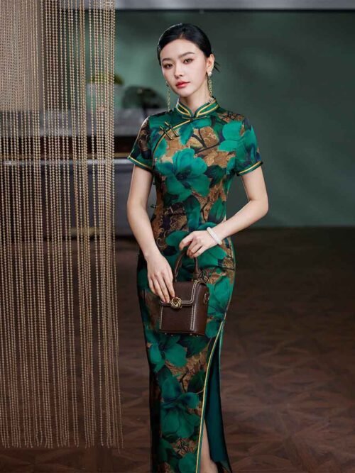 High-end mulberry silk green Cheongsam dress long - Image 4