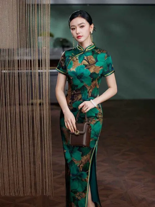 High-end mulberry silk green Cheongsam dress long - Image 4