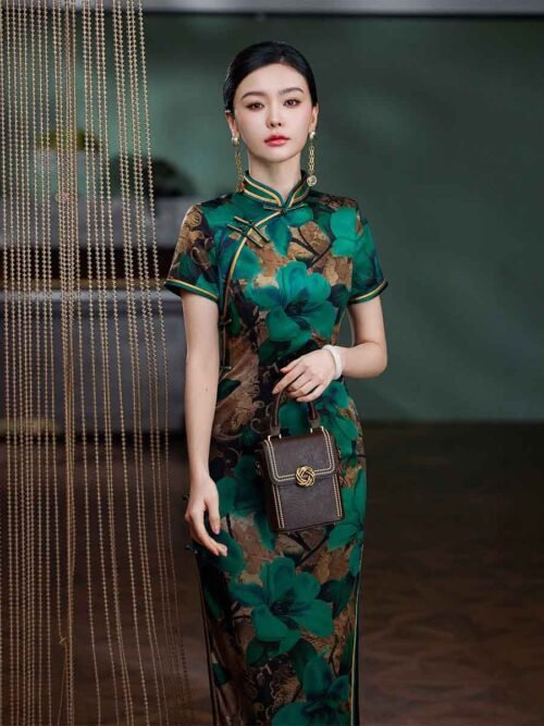 long green cheongsam dress